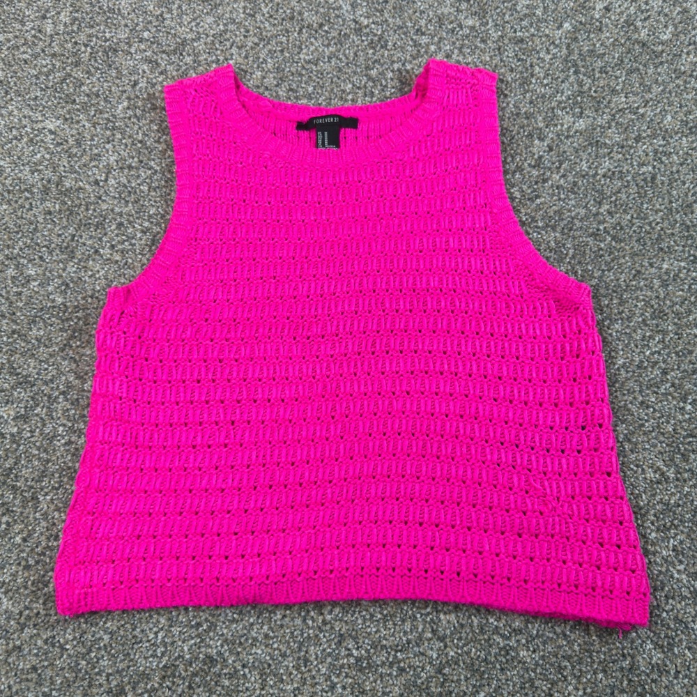 Forever 21 Neon Pink Open‎ Knit Crochet Sweater Vest Sleeveless Top M Barbiecore
